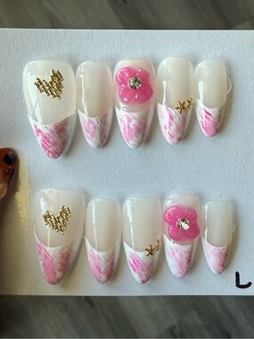 Pink Marble French Tip Press-On Nails with Gold & Floral Accents